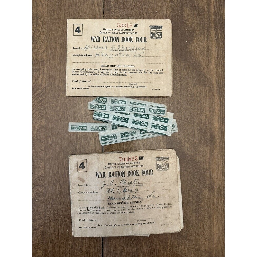 Vintage WW2 War Ration Book Four OPA Form R-145 + Stamps Haughton LA 1943 #1W